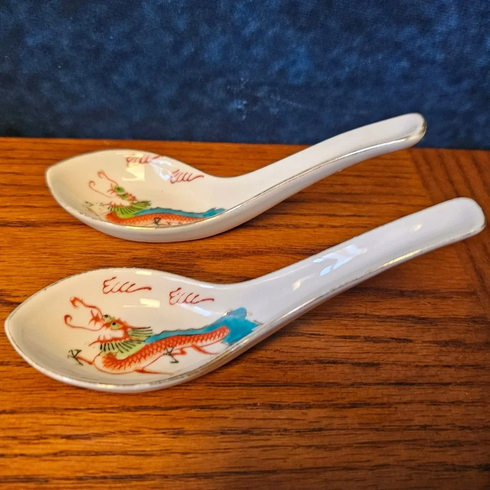 Vintage Made in Japan Porcelain Dragon Soup Spoons Set of 2 Red Teal Gold Trim
